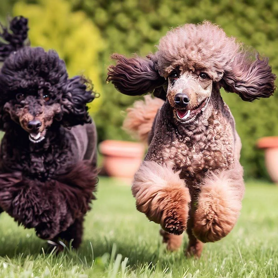 two poodles playing in garden