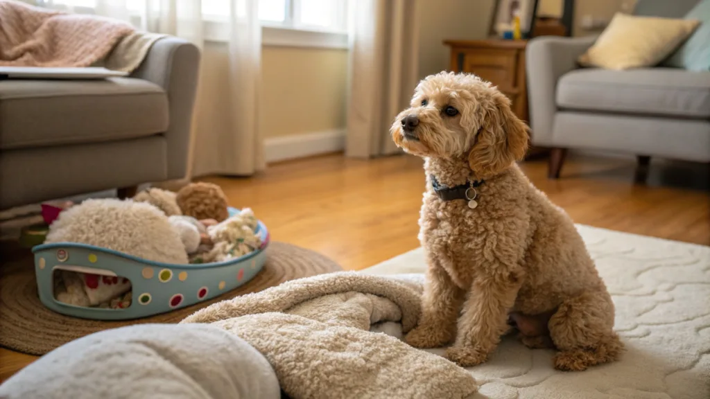A gentle and warm scene featuring a toy poodle in a cozy living room setting.