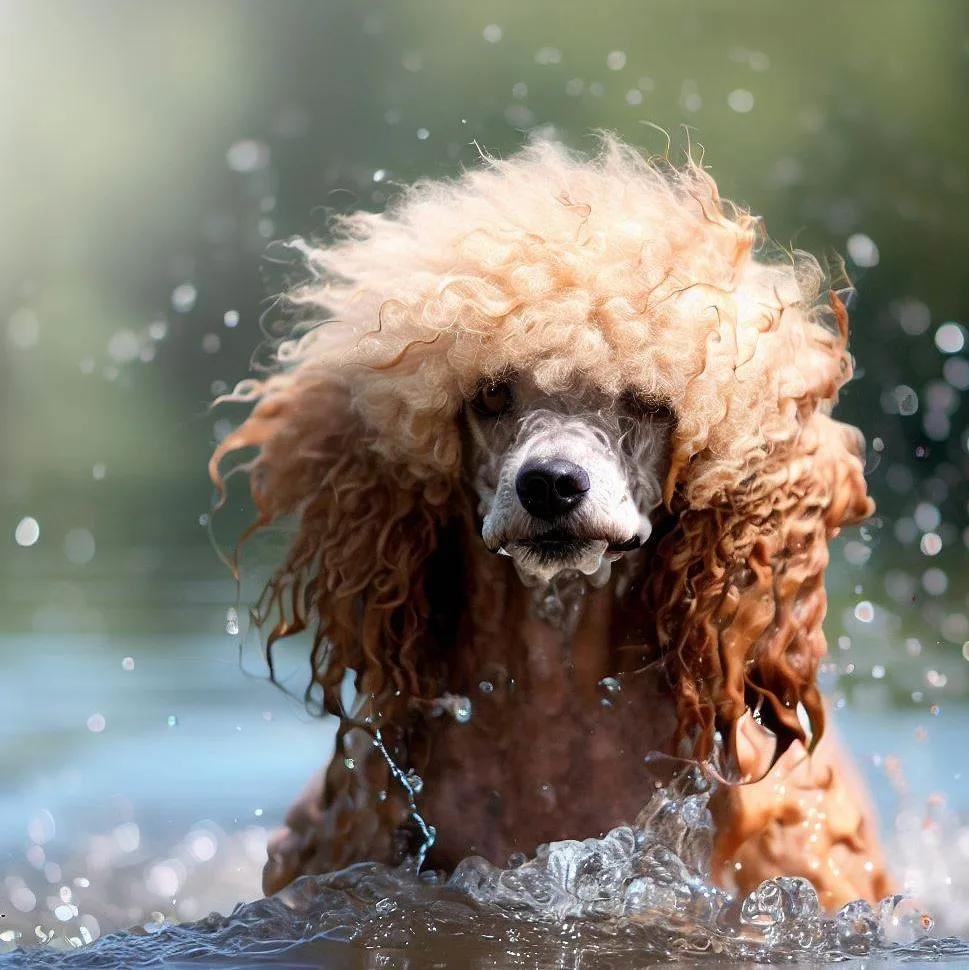 A wet poodle swimming in a lake