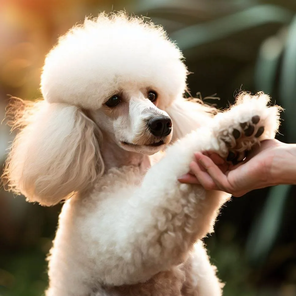 Cream poodle giving its owners its paw