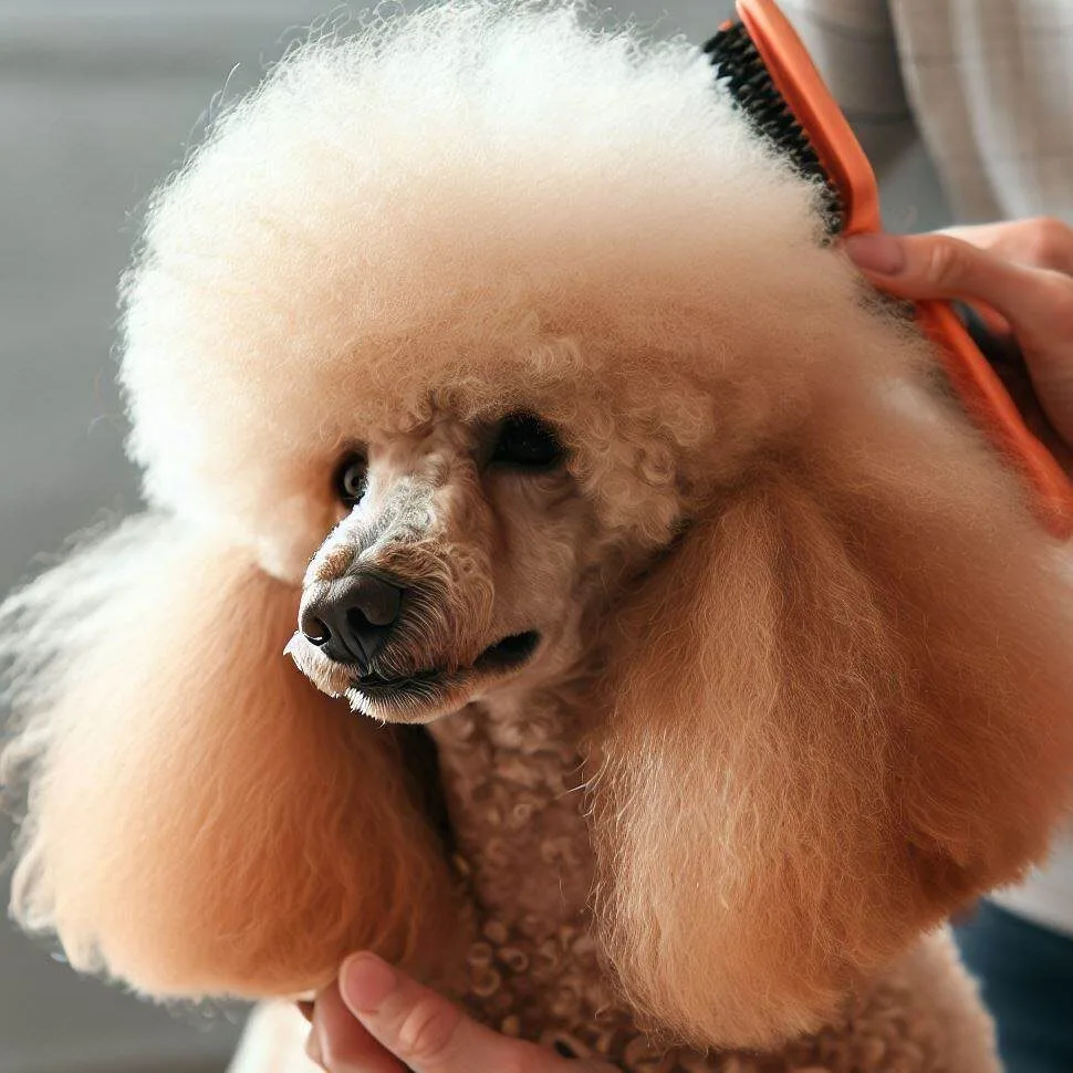 apricot poodle being brushed