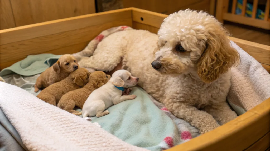 poodle in crate with puppies