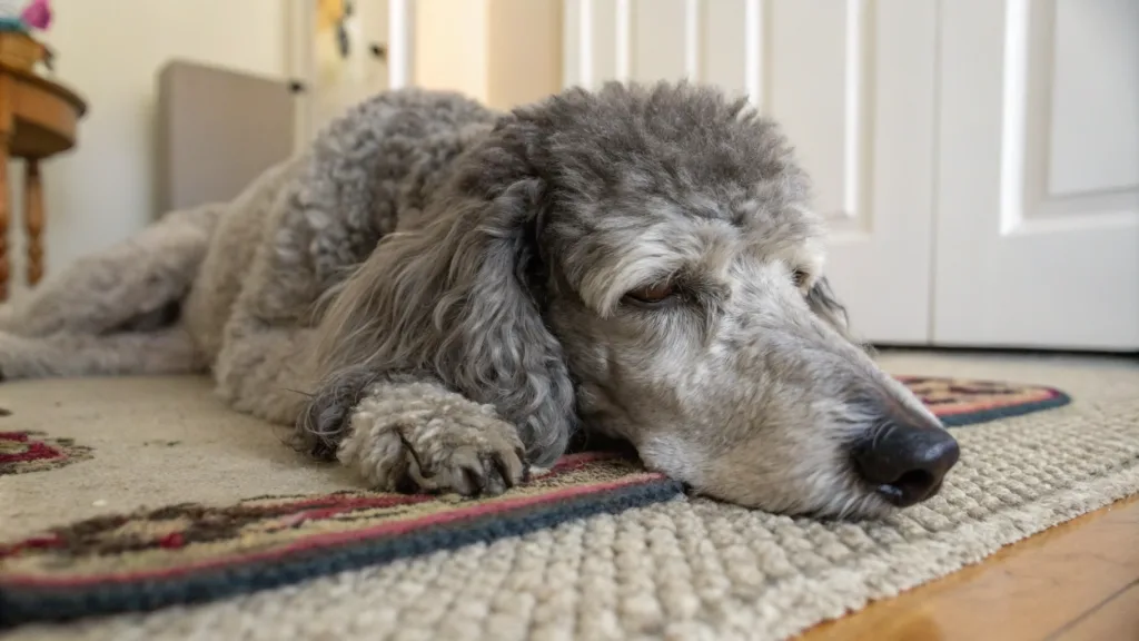 an old poodle looking tired and lying down