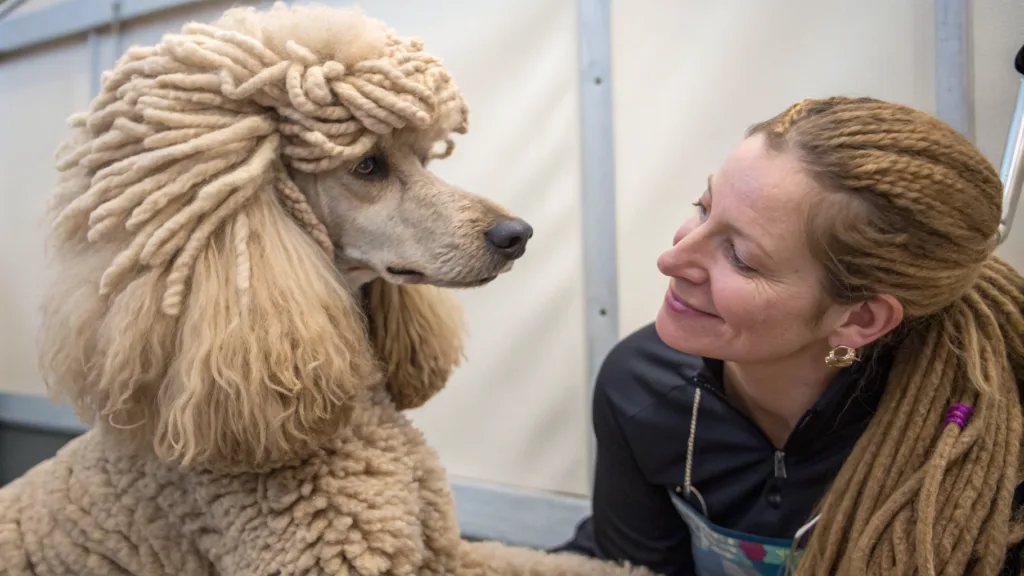 a corded poodle and a corded lady