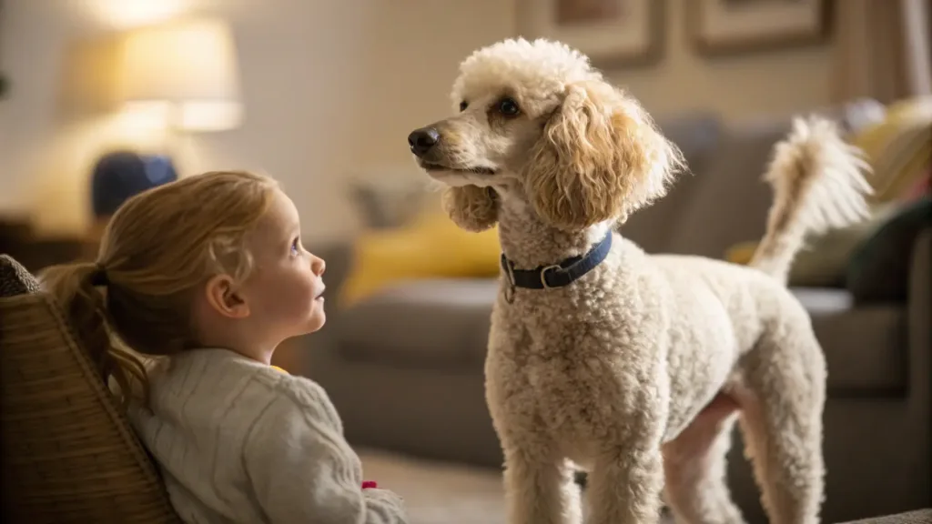 protective poodle in living room